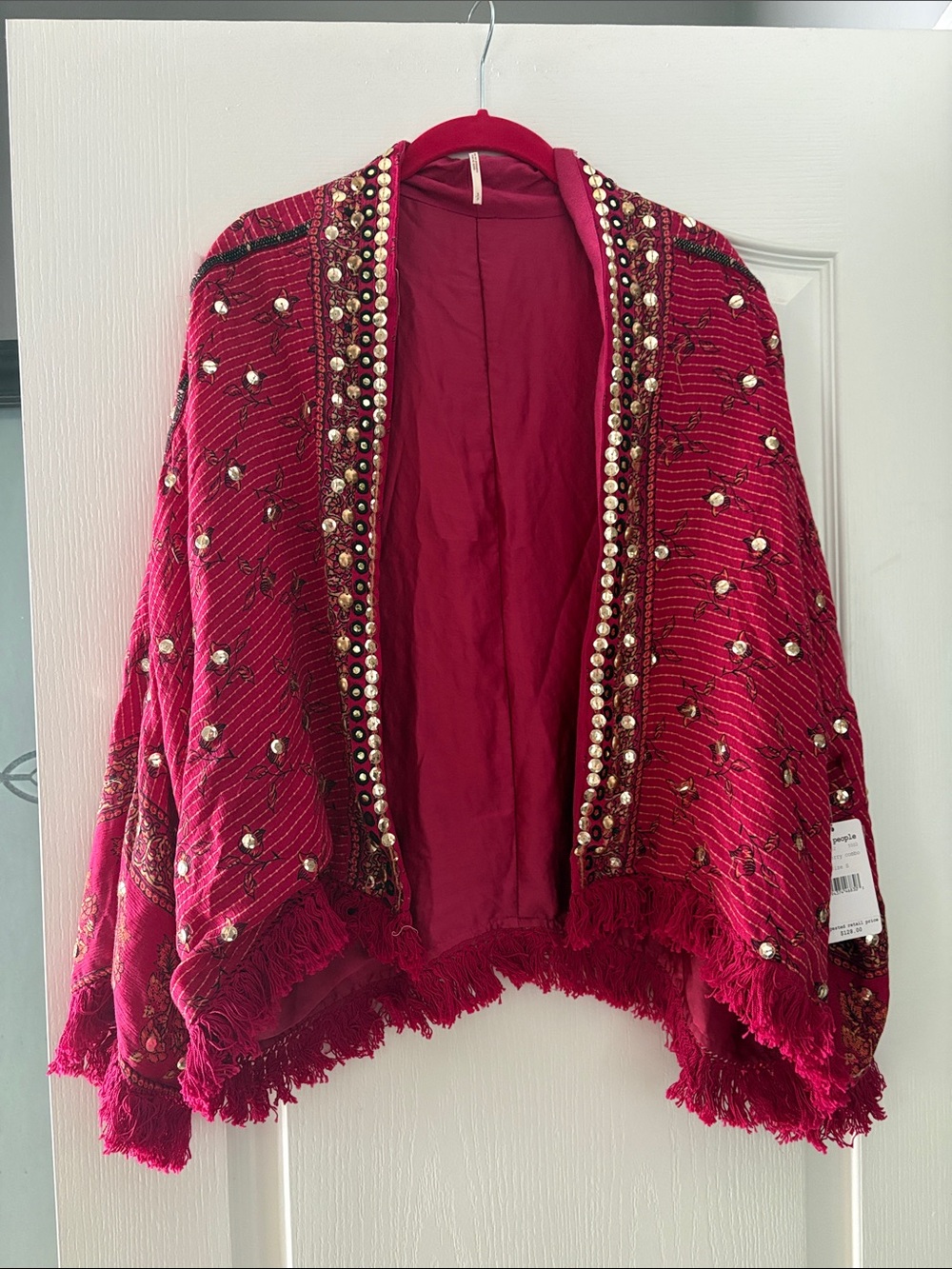 NWT Free People Red Embellished Fringe Shawl Jacket. Sz S